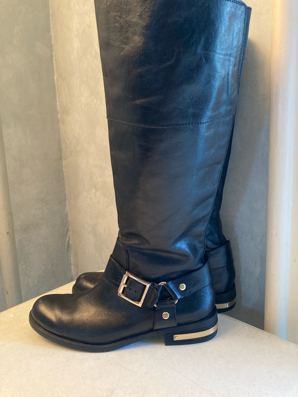Classic Black Leather Knee-High Riding Boots with Buckle